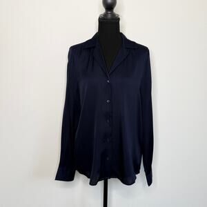 Quince Washable Silk Blouse Navy Minimalist Capsule Wardrobe Button Front Top M